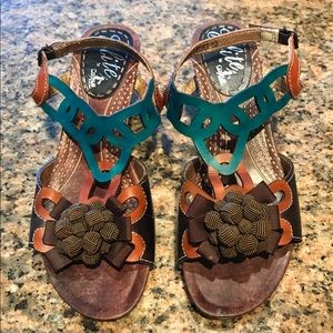 Corky’s leather sandal with 2” stack heel.